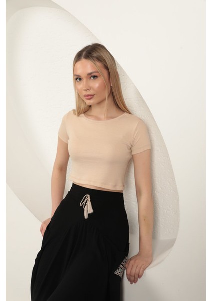 Çilek Viskon Kumaş Basic Crop-Bej indirimleri