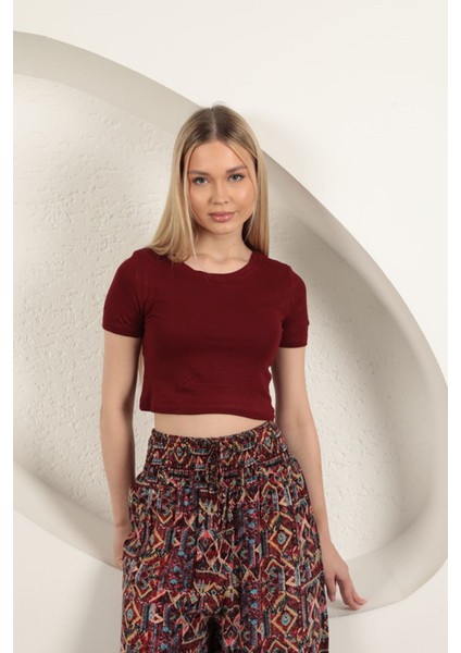 Çilek Viskon Kumaş Basic Crop-Bordo modelleri