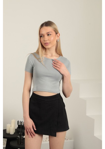 Çilek Viskon Kumaş Basic Crop-Gri fiyatları