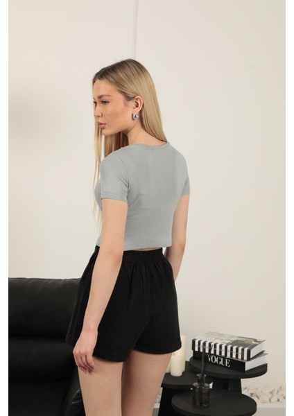 Çilek Viskon Kumaş Basic Crop-Gri indirimleri