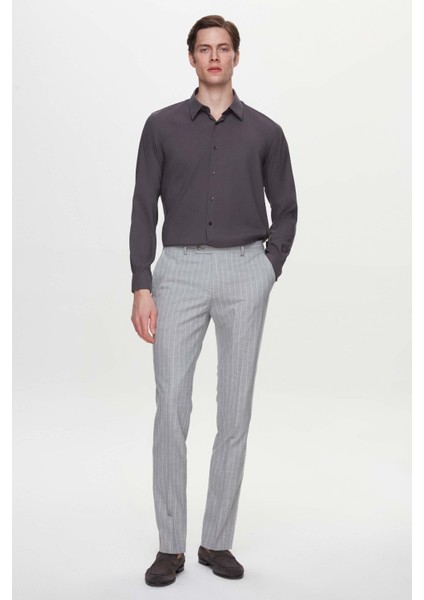 Slim Fit Antrasit Düz Travel Gömlek