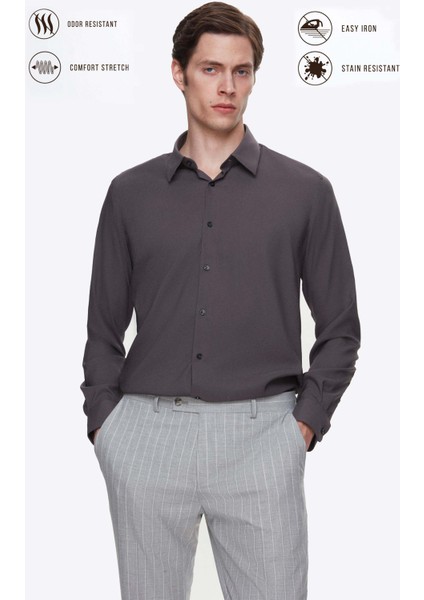 Slim Fit Antrasit Düz Travel Gömlek