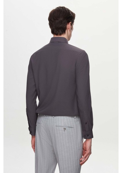 Slim Fit Antrasit Düz Travel Gömlek