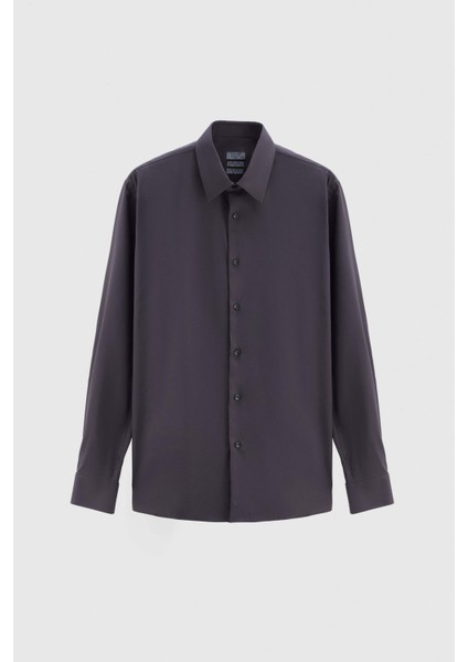 Slim Fit Antrasit Düz Travel Gömlek