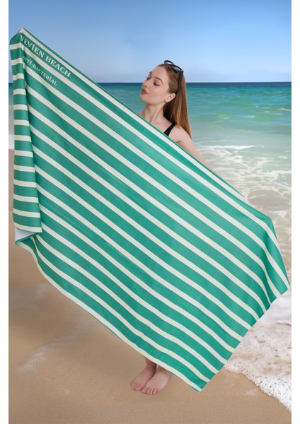 Çizgili Dijital Baskılı 100 x 180 cm Plaj Havlusu (Plaj Çantası+Bone Hediyeli) Yeşil