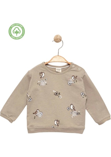 Kız Bebek %100 Pamuk Bej Sweatshirt - Kuş Desenli, Yumuşak Doku