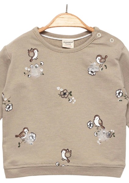 Kız Bebek %100 Pamuk Bej Sweatshirt - Kuş Desenli, Yumuşak Doku