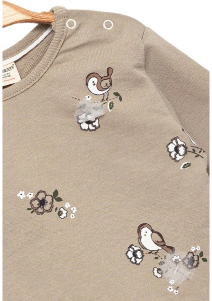 Kız Bebek %100 Pamuk Bej Sweatshirt - Kuş Desenli, Yumuşak Doku