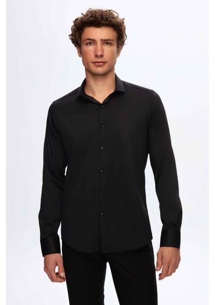 Slim Fit Siyah Düz Travel Gömlek
