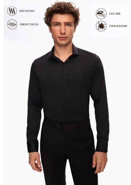 Slim Fit Siyah Düz Travel Gömlek modelleri