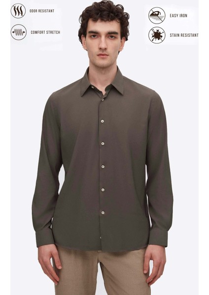 Slim Fit Haki Düz Travel Gömlek
