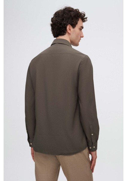 Slim Fit Haki Düz Travel Gömlek