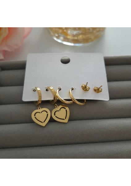 Çelik 6'lı Kalp Detay Gold Renk Kadın Küpe Seti