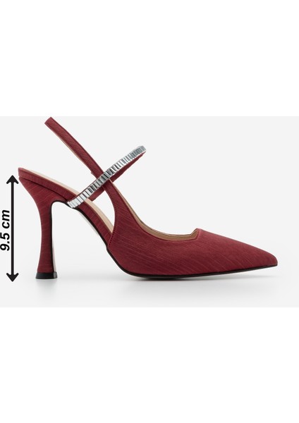 Kadın Stiletto Sivri Burun Bantlı Taşlı Arkası Açık Atkılı Topuklu Ayakkabı Bordo Saten Lovan