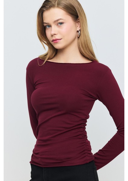 3027 Yanları Büzgülü Bluz Bordo modelleri