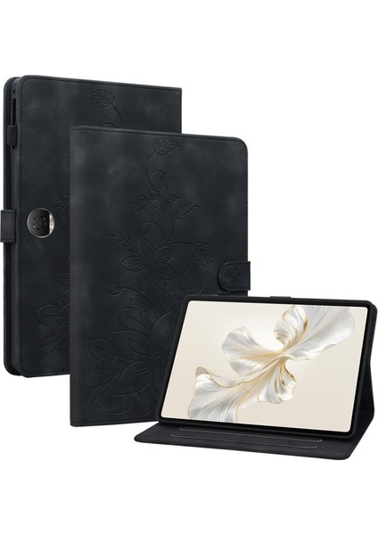 Honor Pad 9 Için Kart Yuvalı Kılıf Zambak Çiçeği Baskılı Deri Stand Tablet Kapağı-Mavi (Yurt Dışından)