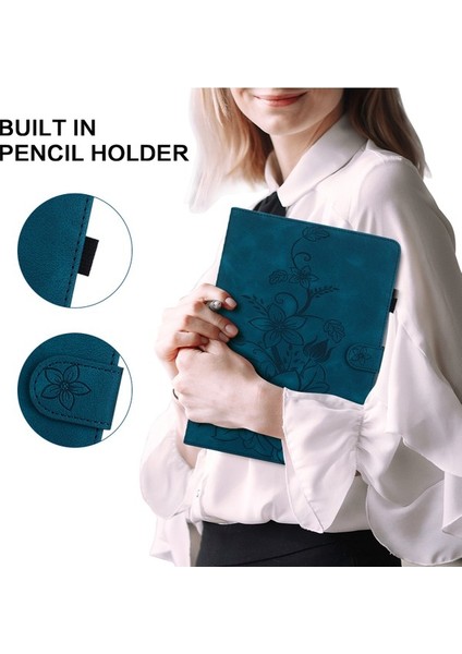 Honor Pad 9 Için Kart Yuvalı Kılıf Zambak Çiçeği Baskılı Deri Stand Tablet Kapağı-Mavi (Yurt Dışından)