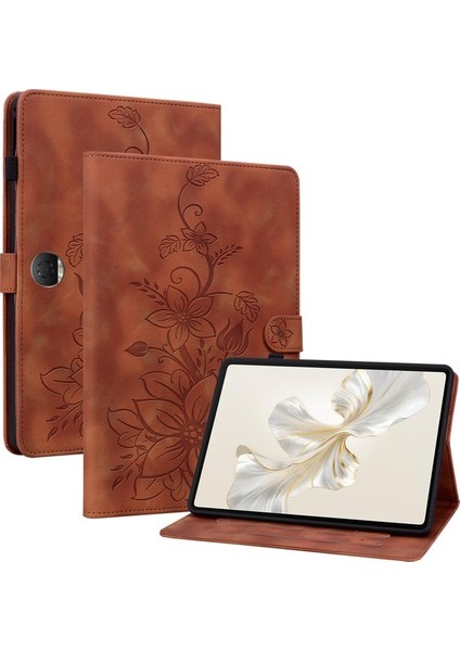 Honor Pad 9 Için Kart Yuvalı Kılıf Zambak Çiçeği Baskılı Deri Stand Tablet Kapağı-Mavi (Yurt Dışından)