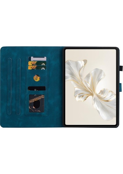 Honor Pad 9 Için Kart Yuvalı Kılıf Zambak Çiçeği Baskılı Deri Stand Tablet Kapağı-Mavi (Yurt Dışından)