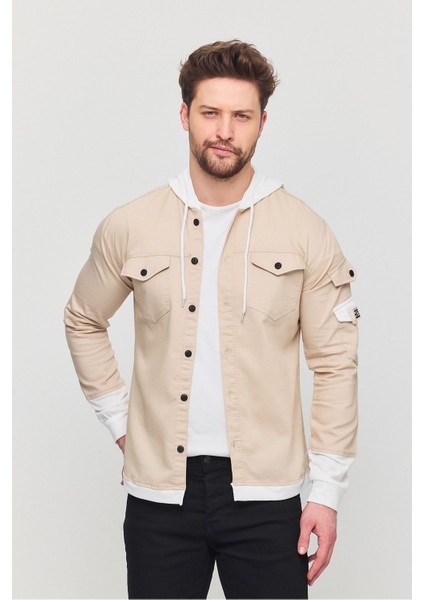 Erkek Slim Fit Dar Kalıp Kapüşonlu Detaylı Kot Gömlek