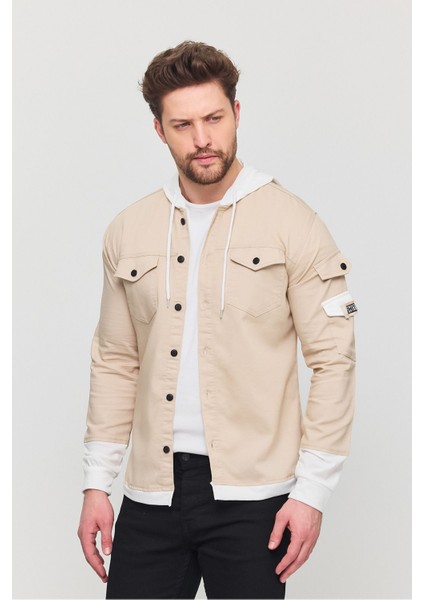 Erkek Slim Fit Dar Kalıp Kapüşonlu Detaylı Kot Gömlek
