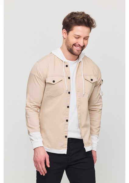 Erkek Slim Fit Dar Kalıp Kapüşonlu Detaylı Kot Gömlek