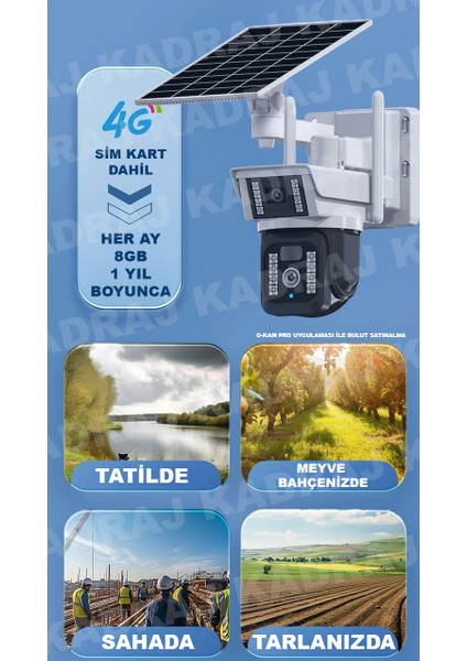 Solar Panelli, Sim Kartlı, Her Ay 8gb Internet, 128GB Sd Kart, 6mp, Seslı Konusma, 360° Görüş Açısı, 4g Güneş Panelli Güvenlik Kamerası
