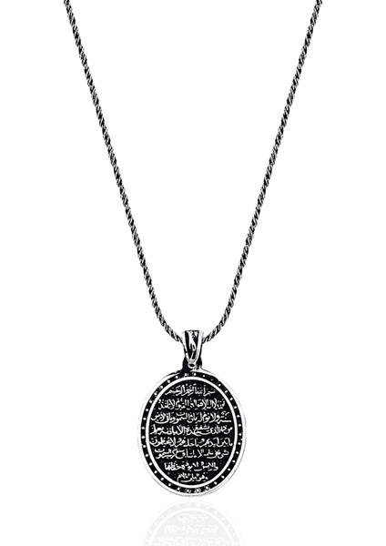 Ayetel Kürsi Yazılı Gümüş Kolye Oksitli Gümüş Zincirli ST348