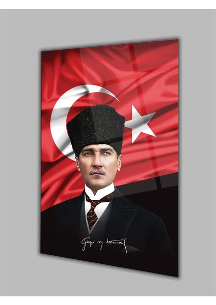 Atatürk Portre ve Türk Bayrağı Dikey Cam Tablo, Modern Duvar Dekoru , Kurum Ofis Iş Hediyelik Tablo