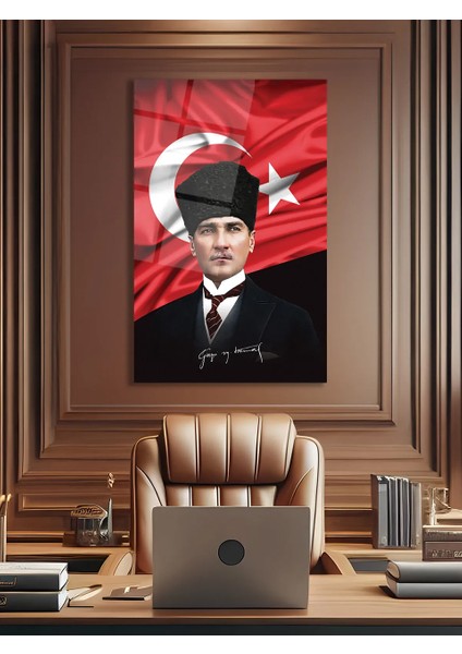 Atatürk Portre ve Türk Bayrağı Dikey Cam Tablo, Modern Duvar Dekoru , Kurum Ofis Iş Hediyelik Tablo