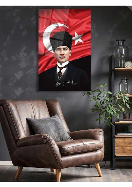 Atatürk Portre ve Türk Bayrağı Dikey Cam Tablo, Modern Duvar Dekoru , Kurum Ofis Iş Hediyelik Tablo