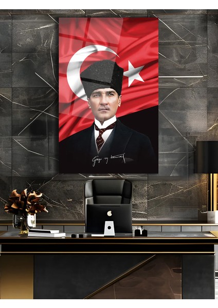 Atatürk Portre ve Türk Bayrağı Dikey Cam Tablo, Modern Duvar Dekoru , Kurum Ofis Iş Hediyelik Tablo