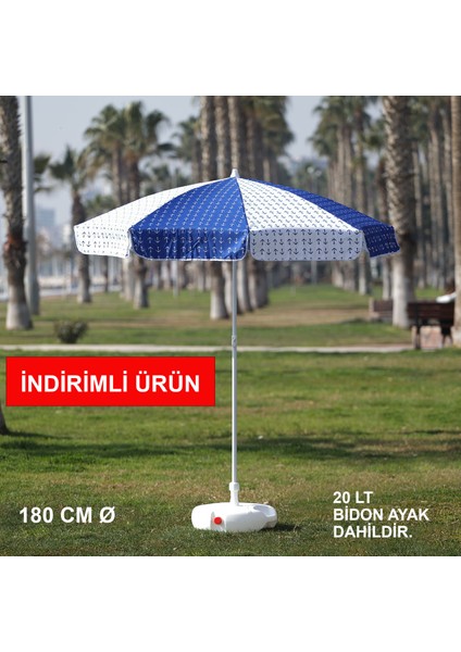 Mavi - Beyaz Plaj Şemsiyesi 180 cm Ø (Bidon Ayak Dahil)