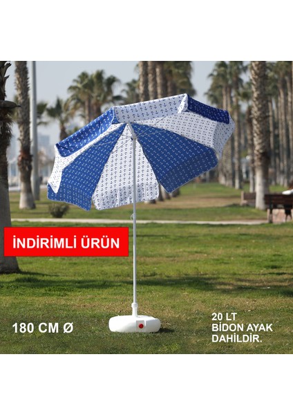 Mavi - Beyaz Plaj Şemsiyesi 180 cm Ø (Bidon Ayak Dahil)