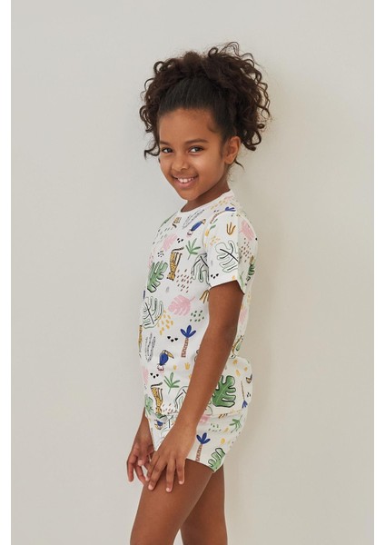 Kız Çocuk Safari Desenli Şortlu Pijama Takımı Ekru