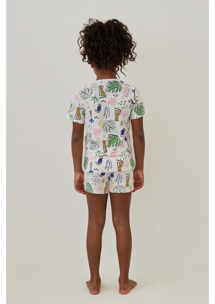 Kız Çocuk Safari Desenli Şortlu Pijama Takımı Ekru