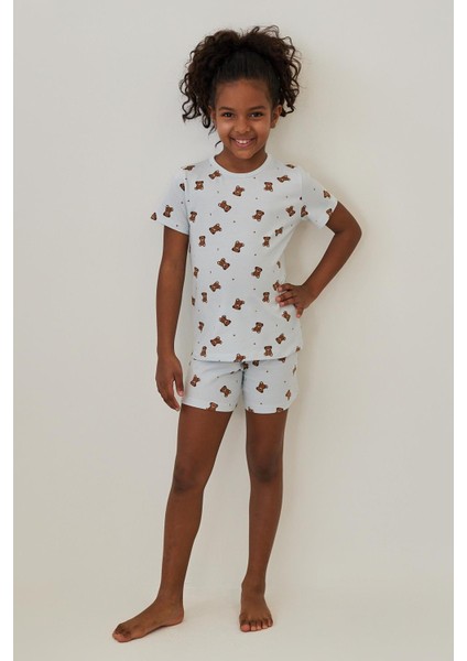 Kız Çocuk Teddy Desenli Şortlu Pijama Takımı