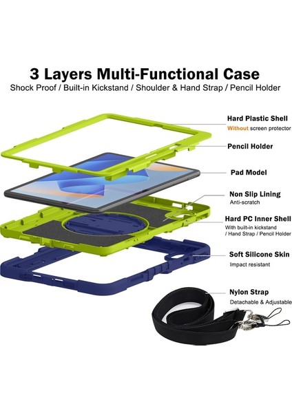 Huawei Matepad 11 2023 Tablet Kılıfı Stand Omuz Askılı Darbeye Dayanıklı Kapak-Lacivert+Sarı Yeşil (Yurt Dışından) fırsatları