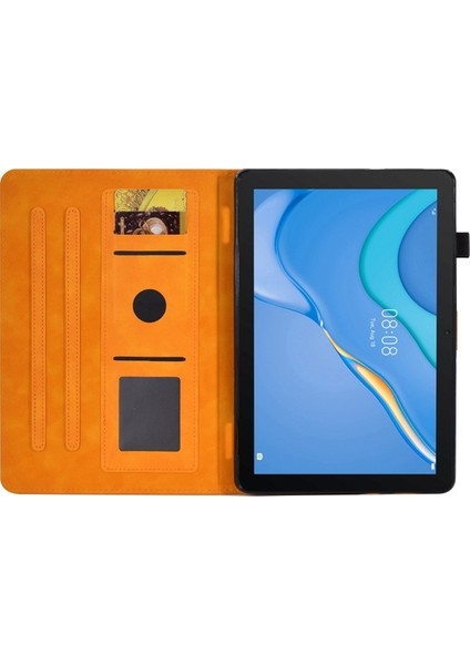 Huawei Mediapad T3 10 Desen Baskılı Tablet Kılıfı Pu Deri Folyo Standı Kalem Tutucu ve Kart Yuvaları ile Akıllı Kapak Kabuk-Turuncu (Yurt Dışından)