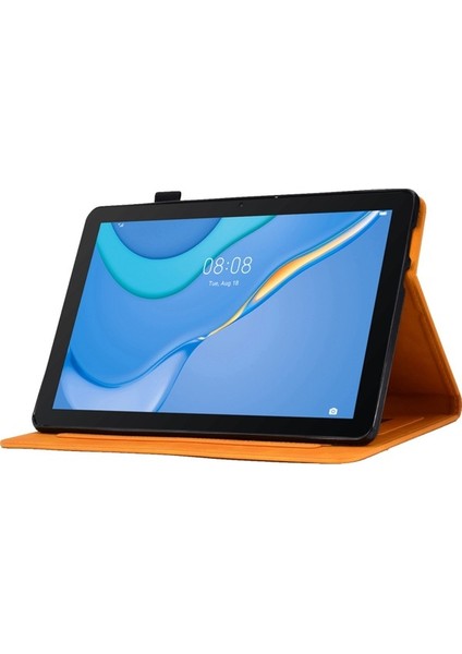 Huawei Mediapad T3 10 Desen Baskılı Tablet Kılıfı Pu Deri Folyo Standı Kalem Tutucu ve Kart Yuvaları ile Akıllı Kapak Kabuk-Turuncu (Yurt Dışından)