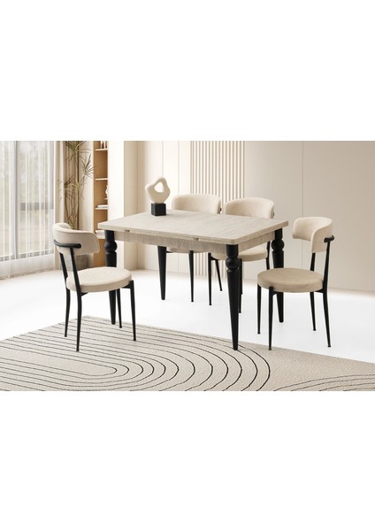 Ahşap Salon Yemek Masa Sandalye Takımı 4 Gözde Sandalyeli Yandan Açılır Büyüyen Sidon 70 x 110 cm