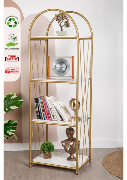 Demeter Dekoratif Raf Mobilya Kitaplık Dekoratif Metal Mobilya Gold 4 Raflı Kitaplık