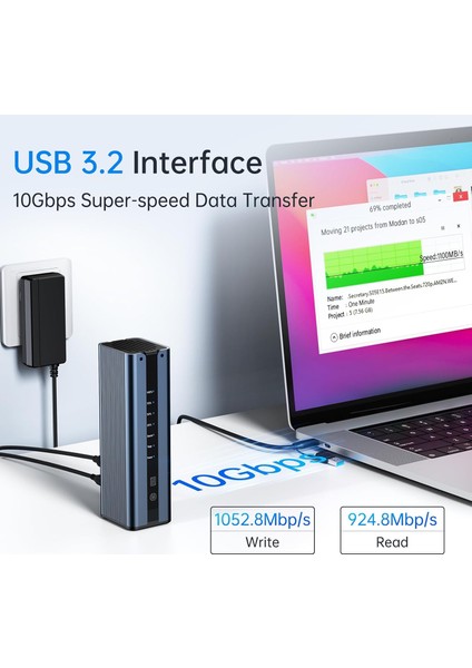 EC6604 - 10Gbps USB-C 3.2 Gen2, 2x 8TB NVMe SSD Destekli Yuva, Dahili Fanlı, Offline Clone Özellikli Disk İstasyonu