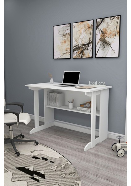 Pillar Kütüphaneli Geniş Çalışma Masası 100X56 cm Beyaz