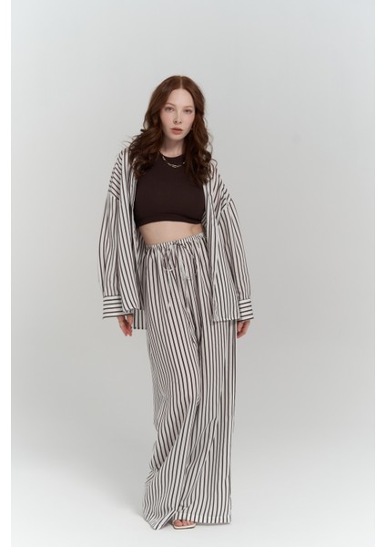 Beatrix Kahve Çizgili Ekru Gömlek Pantolon Takım