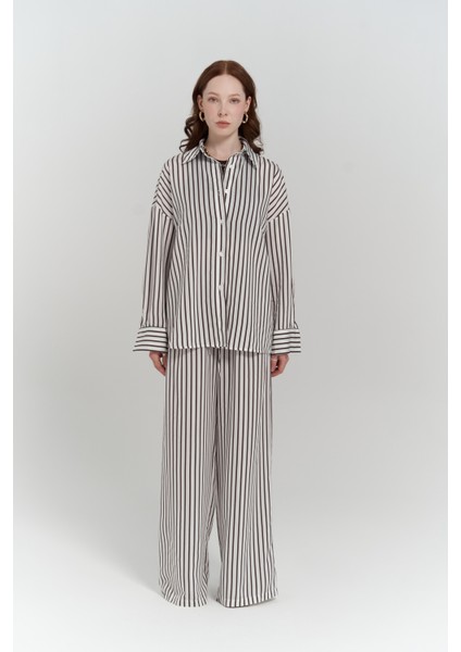 Beatrix Kahve Çizgili Ekru Gömlek Pantolon Takım fiyatları