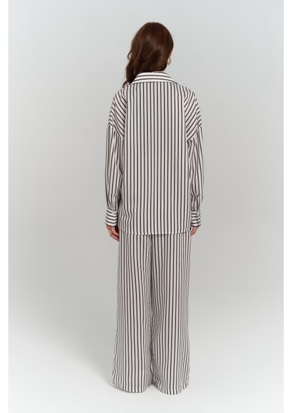 Beatrix Kahve Çizgili Ekru Gömlek Pantolon Takım fırsatları