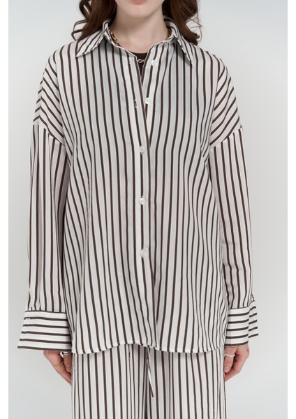 Beatrix Kahve Çizgili Ekru Gömlek Pantolon Takım indirimleri