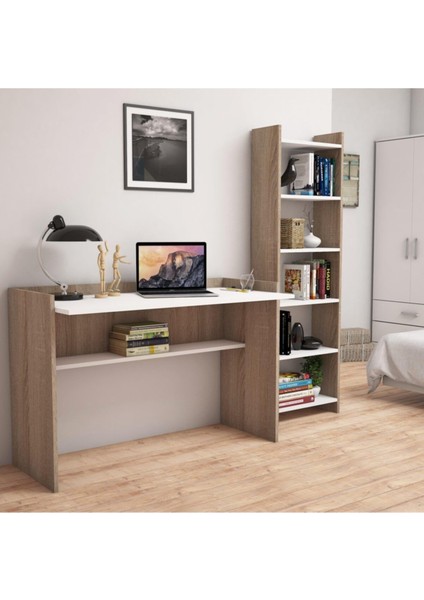 T7020 Mahpeyker Kitaplık ve Çalışma Masası Ceviz/beyaz