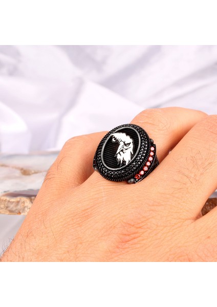 925 Ayar Gümüş Kartal Motifli Mikro Taşlı Erkek Yüzük